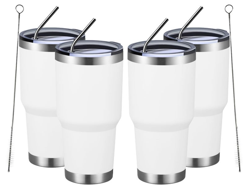 MEWAY 30oz Insulated Tumbler With Lids and Straws,Stainless Steel Double Vacuum Coffee Tumbler Cup, Brush, Durable Powder Coated Coffee Cup for Cold & Hot Drinks, Office(White,4 PACK) - Image 1